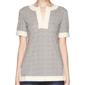 Tory Burch Women Selda Crochet Trim Linen Tunic Sz Small Short Sleeve Blue Cream